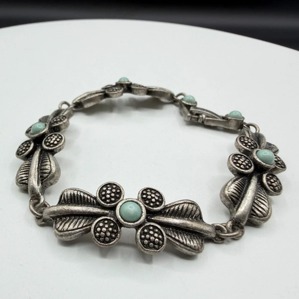 Silver Tone Floral Link Bracelet Aqua Cabochon Boho Cottagecore Statement Gift